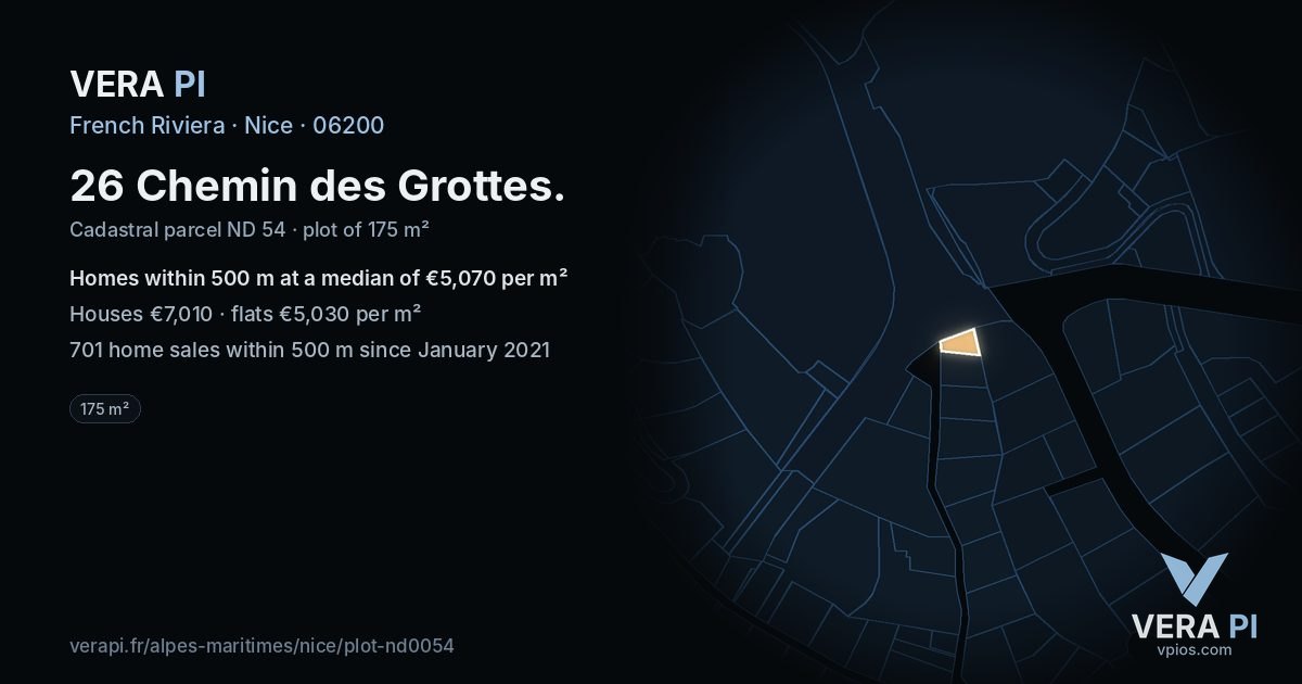 26 Chemin des Grottes, Nice at night – the plot lit, the parcels around coloured by the prices near them