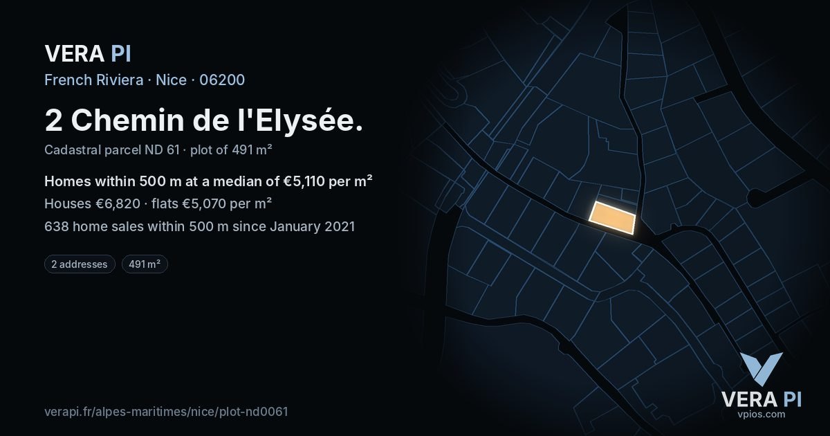2 Chemin de l'Elysée, Nice at night – the plot lit, the parcels around coloured by the prices near them