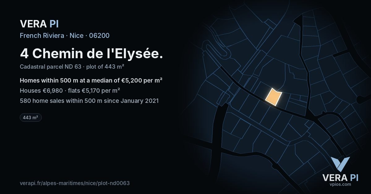 4 Chemin de l'Elysée, Nice at night – the plot lit, the parcels around coloured by the prices near them