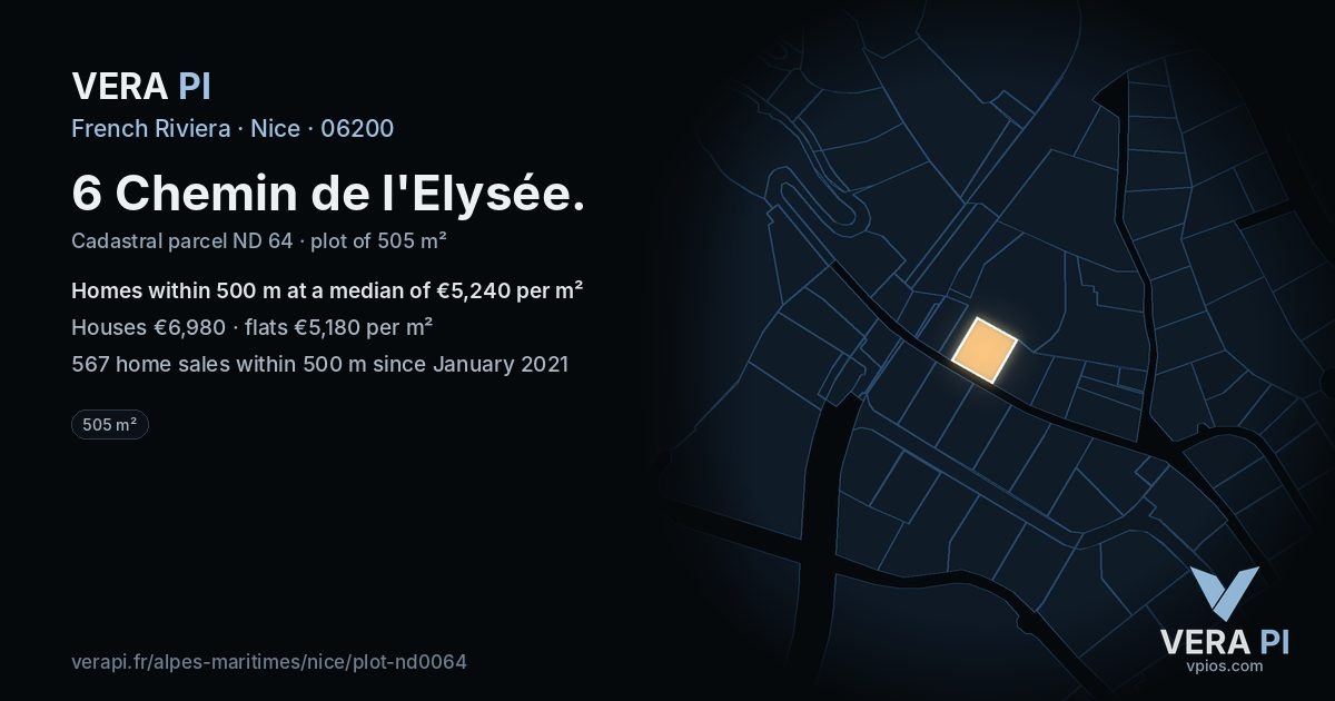6 Chemin de l'Elysée, Nice at night – the plot lit, the parcels around coloured by the prices near them