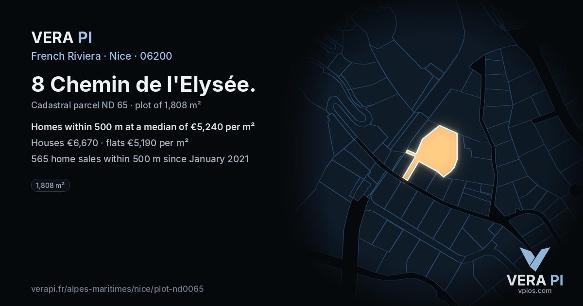 8 Chemin de l'Elysée, Nice at night – the plot lit, the parcels around coloured by the prices near them