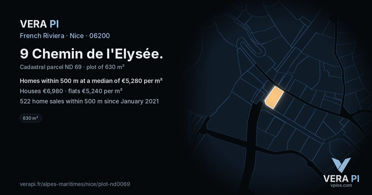 9 Chemin de l'Elysée, Nice at night – the plot lit, the parcels around coloured by the prices near them