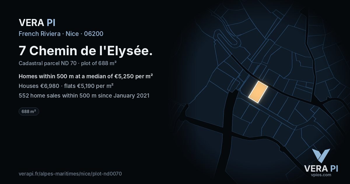 7 Chemin de l'Elysée, Nice at night – the plot lit, the parcels around coloured by the prices near them