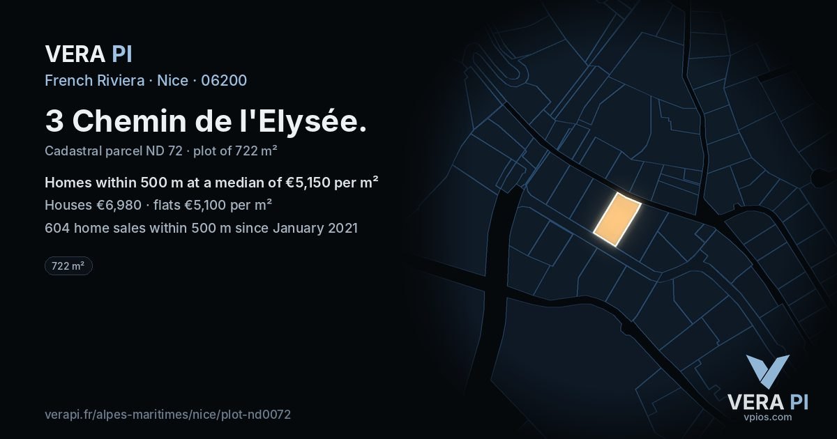 3 Chemin de l'Elysée, Nice at night – the plot lit, the parcels around coloured by the prices near them