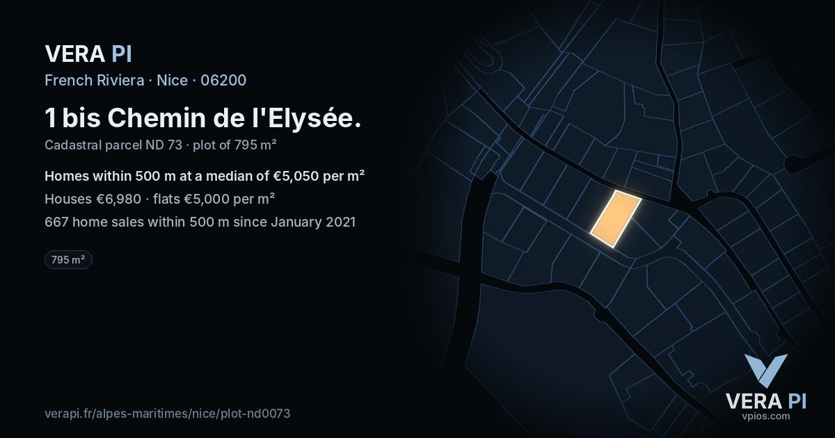 1 bis Chemin de l'Elysée, Nice at night – the plot lit, the parcels around coloured by the prices near them