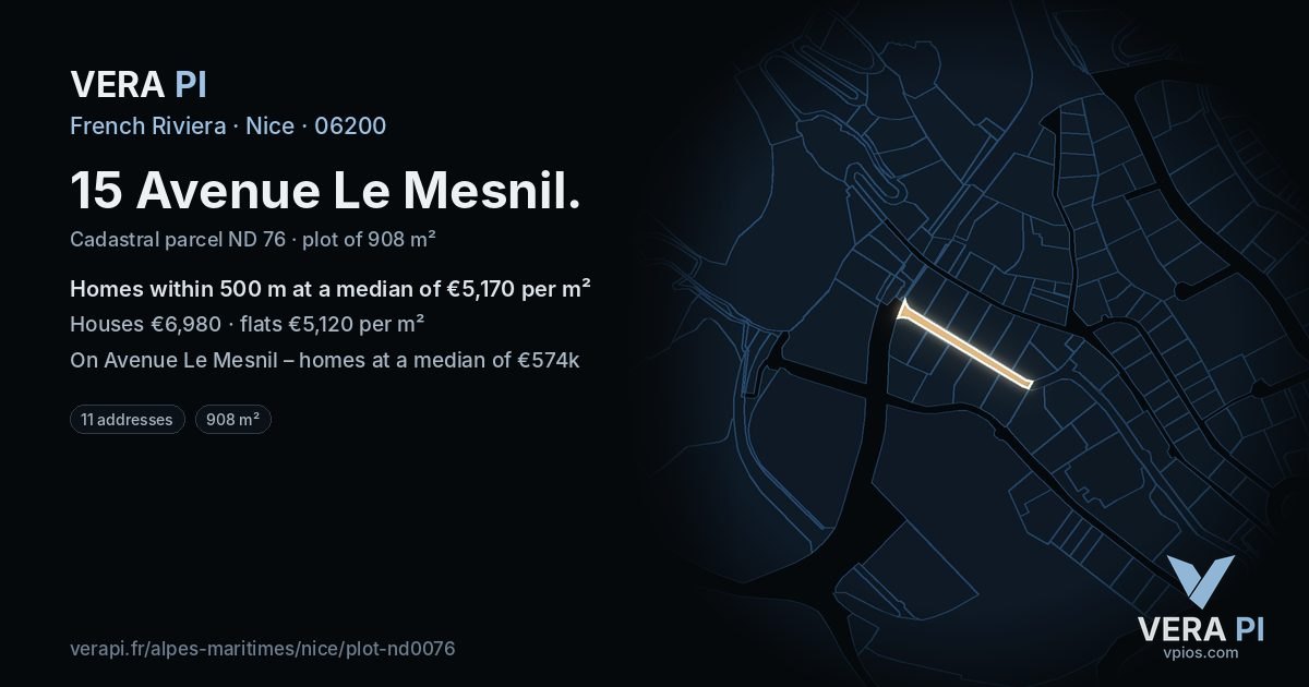 15 Avenue Le Mesnil, Nice at night – the plot lit, the parcels around coloured by the prices near them