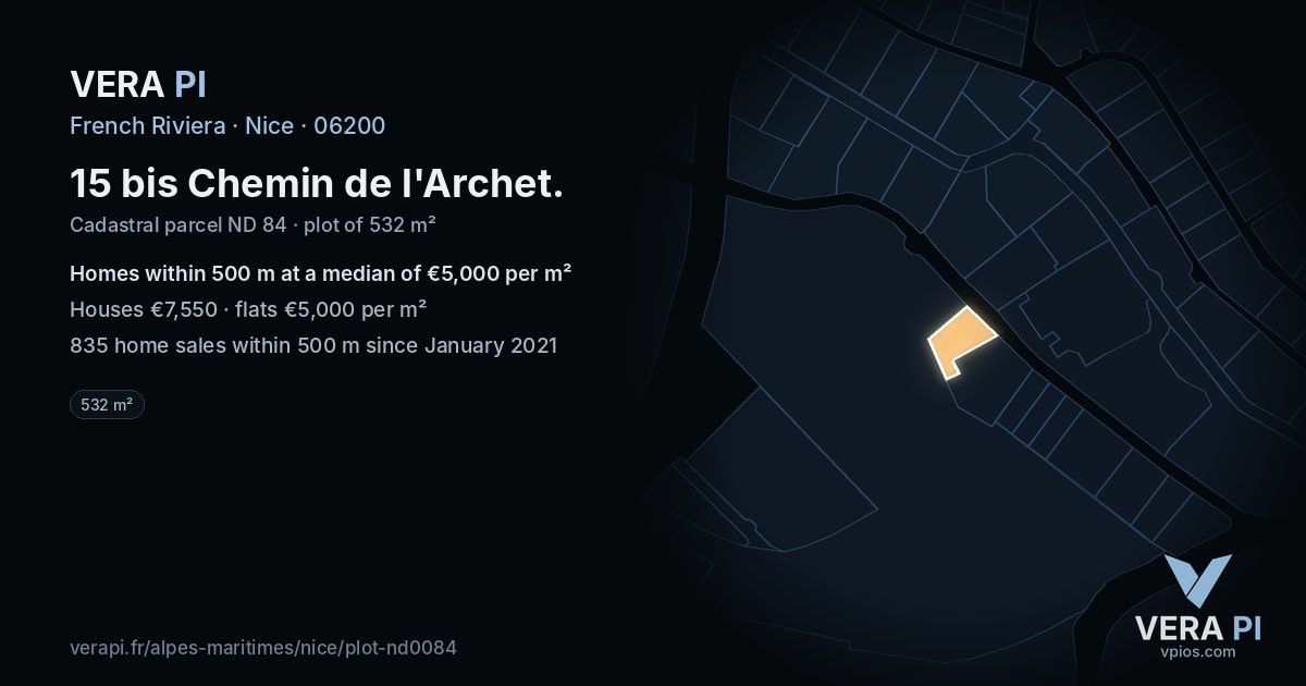 15 bis Chemin de l'Archet, Nice at night – the plot lit, the parcels around coloured by the prices near them