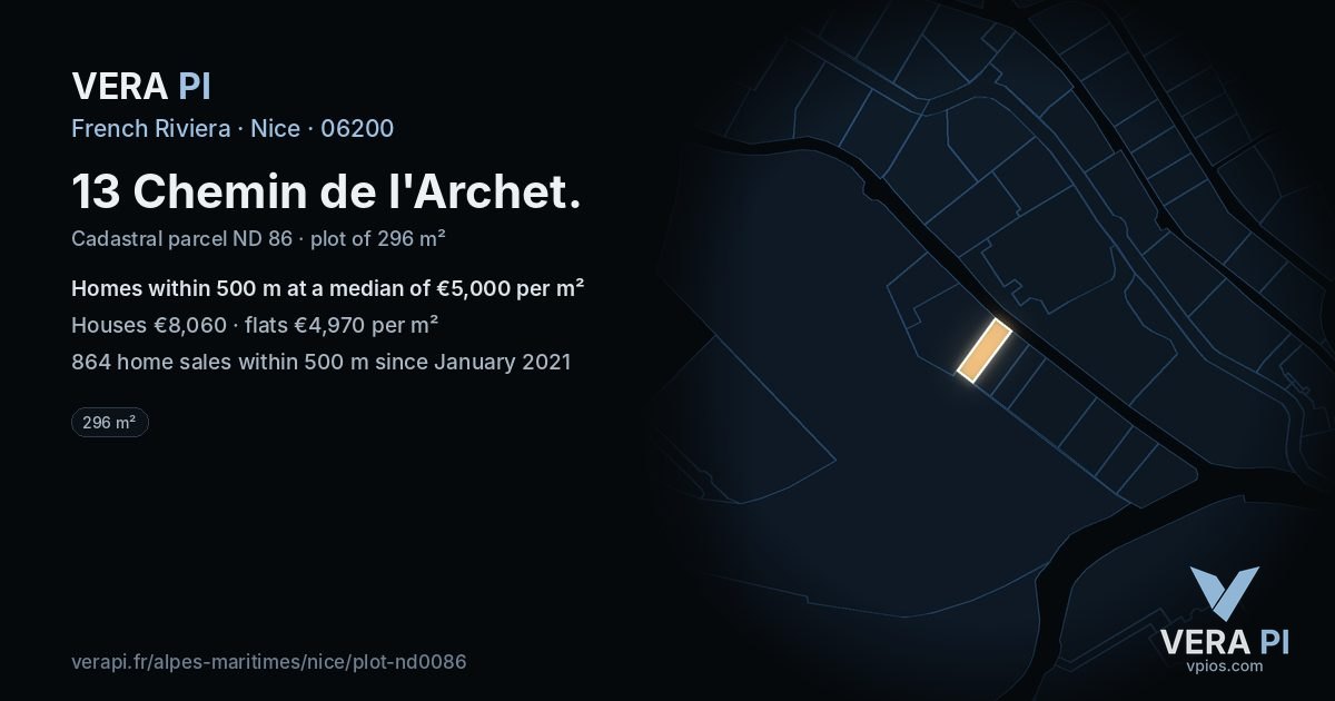 13 Chemin de l'Archet, Nice at night – the plot lit, the parcels around coloured by the prices near them