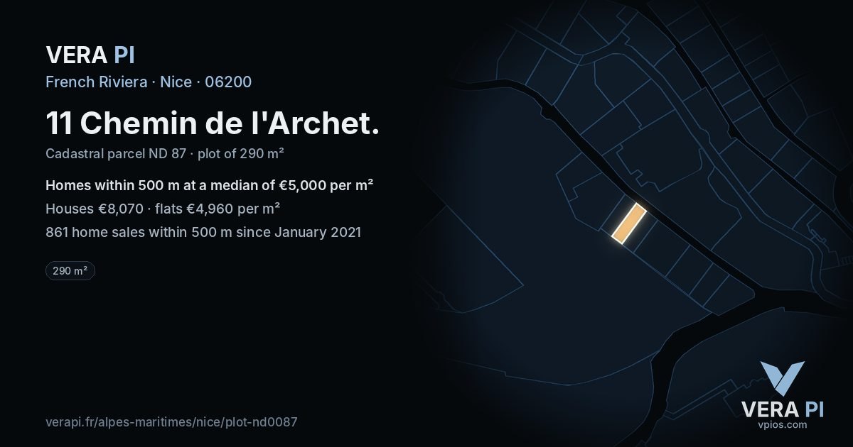 11 Chemin de l'Archet, Nice at night – the plot lit, the parcels around coloured by the prices near them
