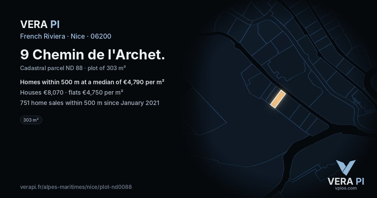9 Chemin de l'Archet, Nice at night – the plot lit, the parcels around coloured by the prices near them