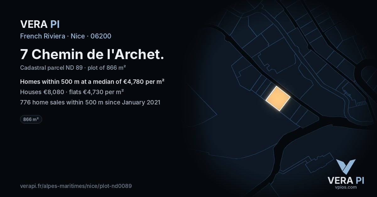 7 Chemin de l'Archet, Nice at night – the plot lit, the parcels around coloured by the prices near them