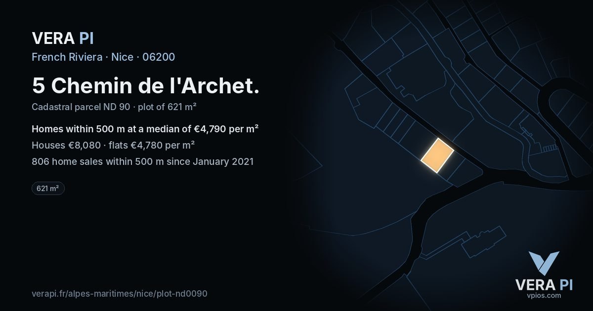 5 Chemin de l'Archet, Nice at night – the plot lit, the parcels around coloured by the prices near them