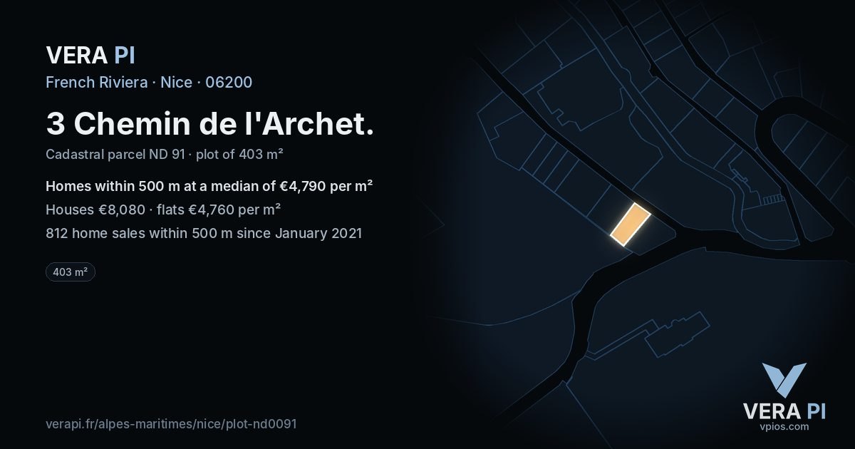 3 Chemin de l'Archet, Nice at night – the plot lit, the parcels around coloured by the prices near them
