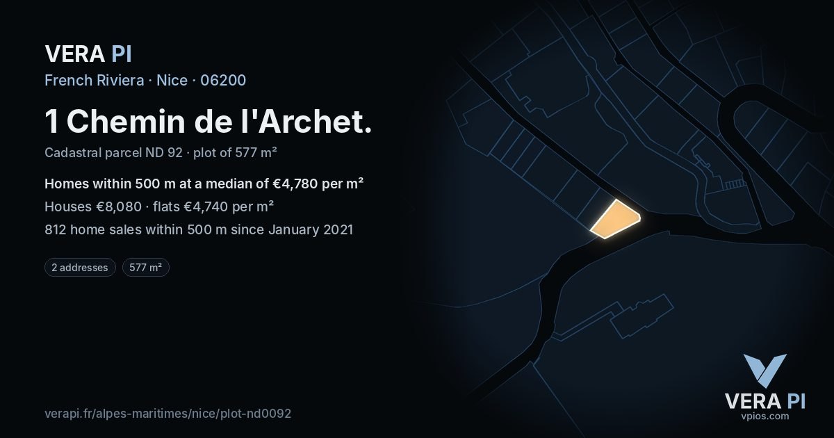 1 Chemin de l'Archet, Nice at night – the plot lit, the parcels around coloured by the prices near them