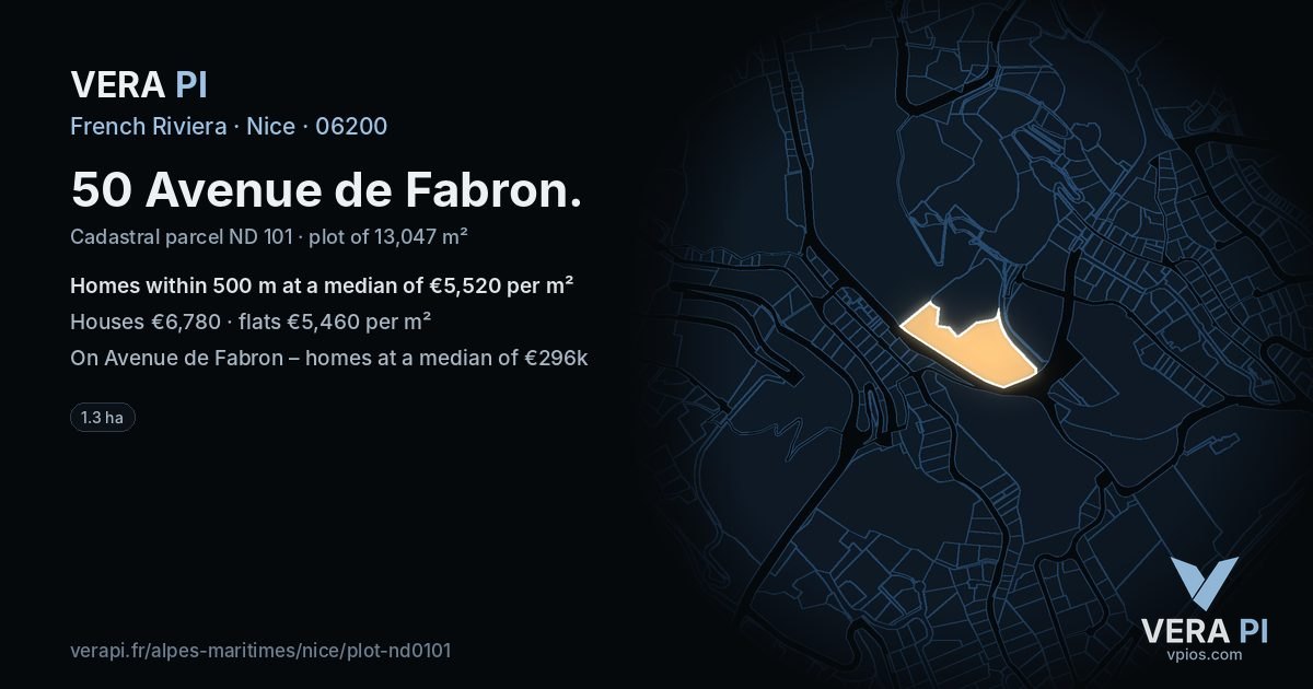 50 Avenue de Fabron, Nice at night – the plot lit, the parcels around coloured by the prices near them