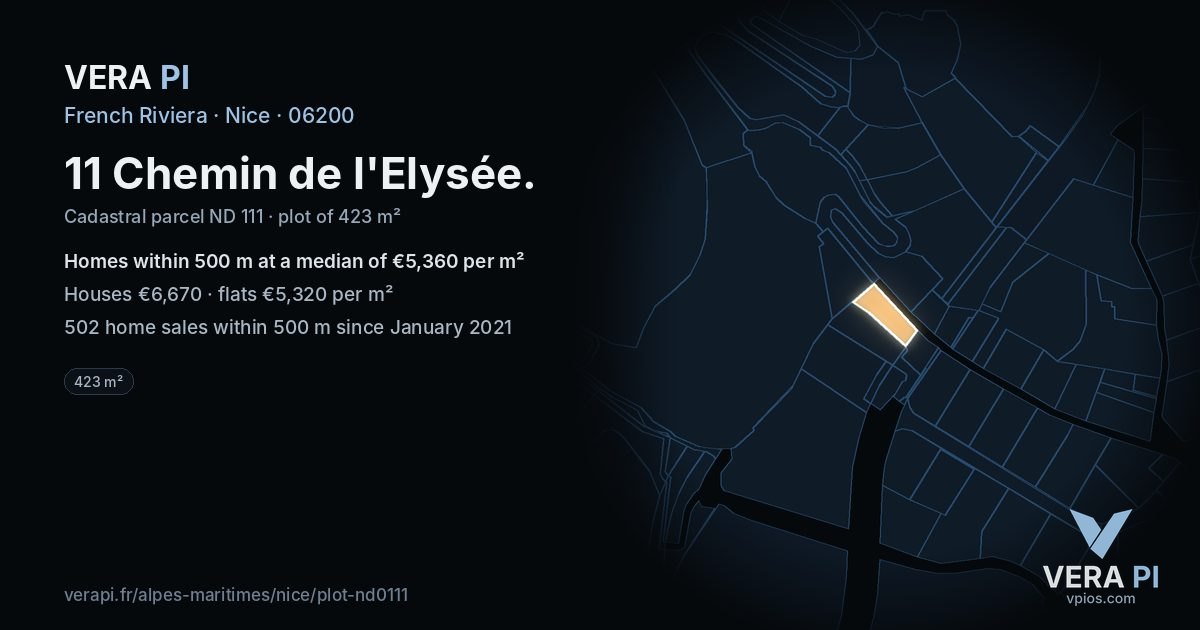 11 Chemin de l'Elysée, Nice at night – the plot lit, the parcels around coloured by the prices near them