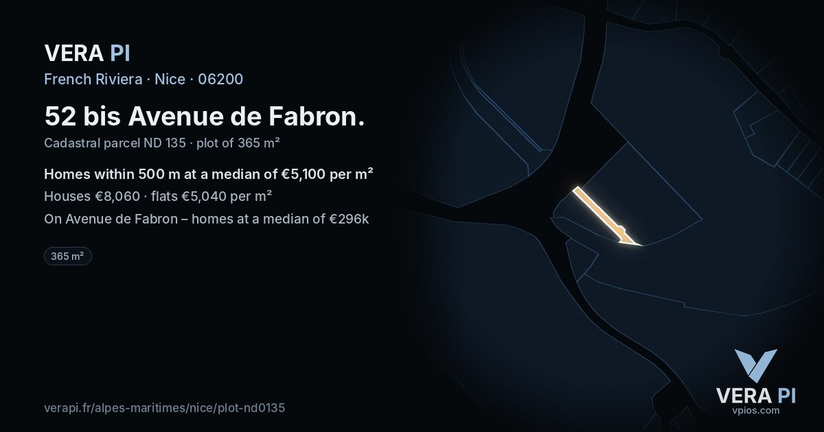 52 bis Avenue de Fabron, Nice at night – the plot lit, the parcels around coloured by the prices near them