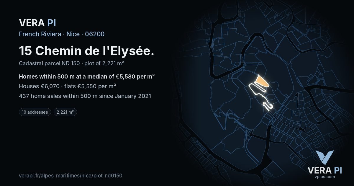 15 Chemin de l'Elysée, Nice at night – the plot lit, the parcels around coloured by the prices near them