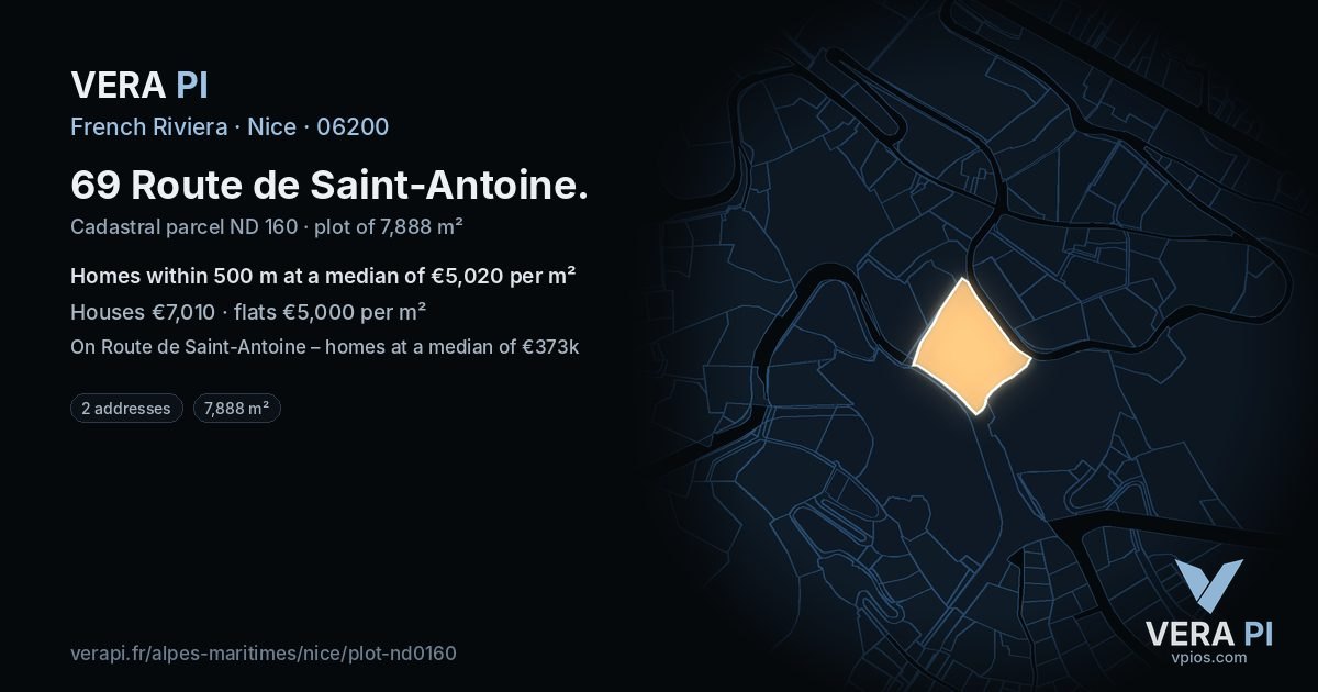 69 Route de Saint-Antoine, Nice at night – the plot lit, the parcels around coloured by the prices near them