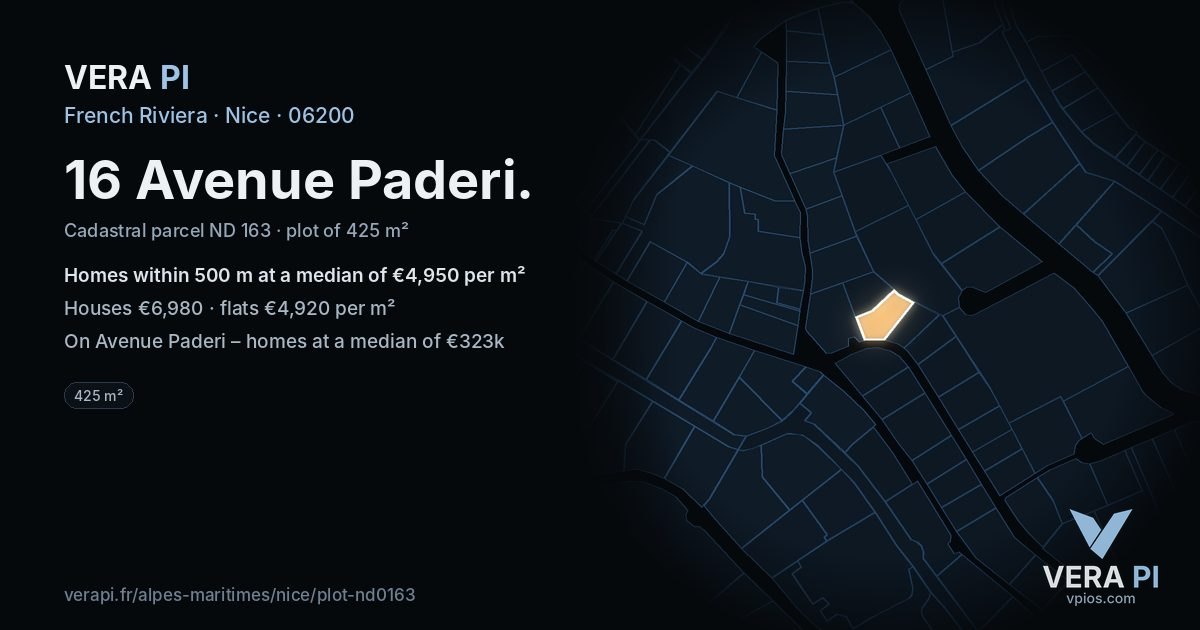 16 Avenue Paderi, Nice at night – the plot lit, the parcels around coloured by the prices near them