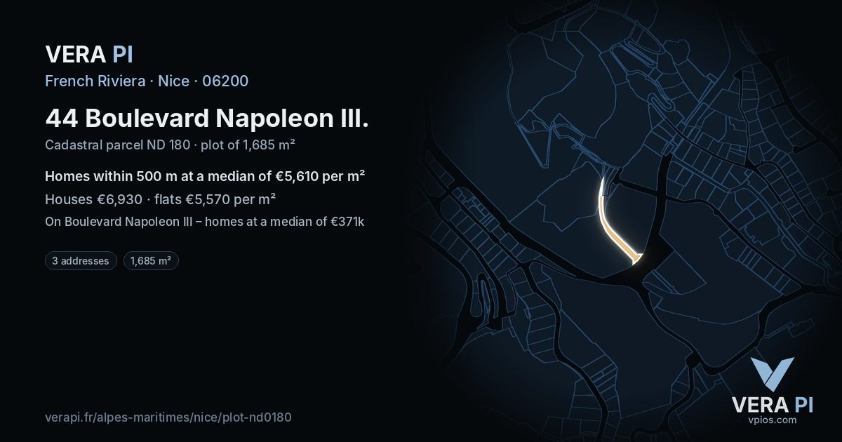 44 Boulevard Napoleon III, Nice at night – the plot lit, the parcels around coloured by the prices near them
