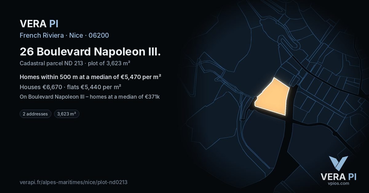 26 Boulevard Napoleon III, Nice at night – the plot lit, the parcels around coloured by the prices near them