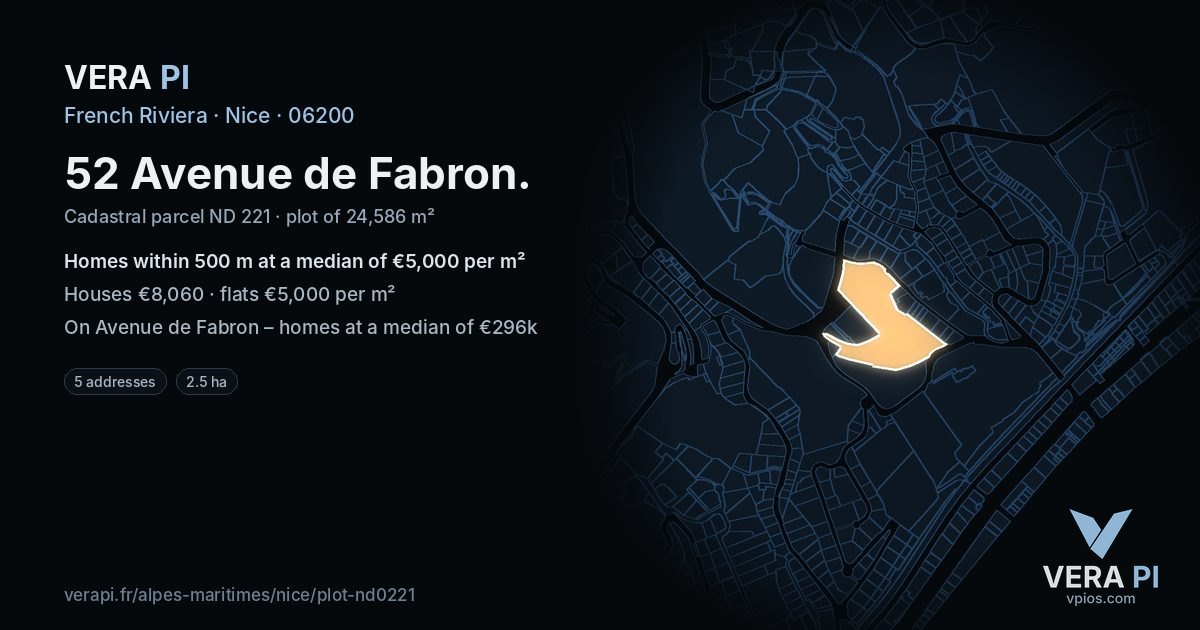 52 Avenue de Fabron, Nice at night – the plot lit, the parcels around coloured by the prices near them