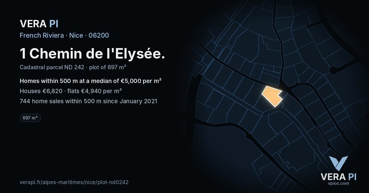 1 Chemin de l'Elysée, Nice at night – the plot lit, the parcels around coloured by the prices near them