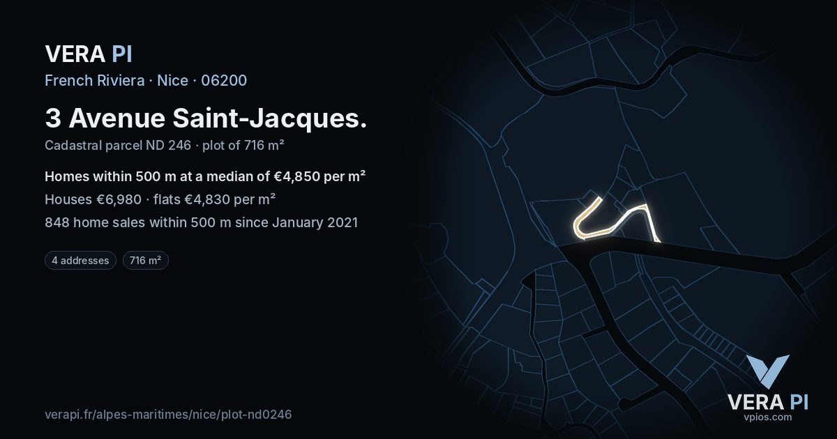 3 Avenue Saint-Jacques, Nice at night – the plot lit, the parcels around coloured by the prices near them