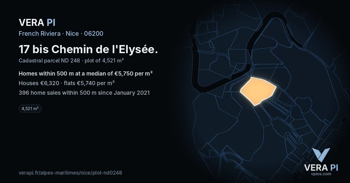 17 bis Chemin de l'Elysée, Nice at night – the plot lit, the parcels around coloured by the prices near them
