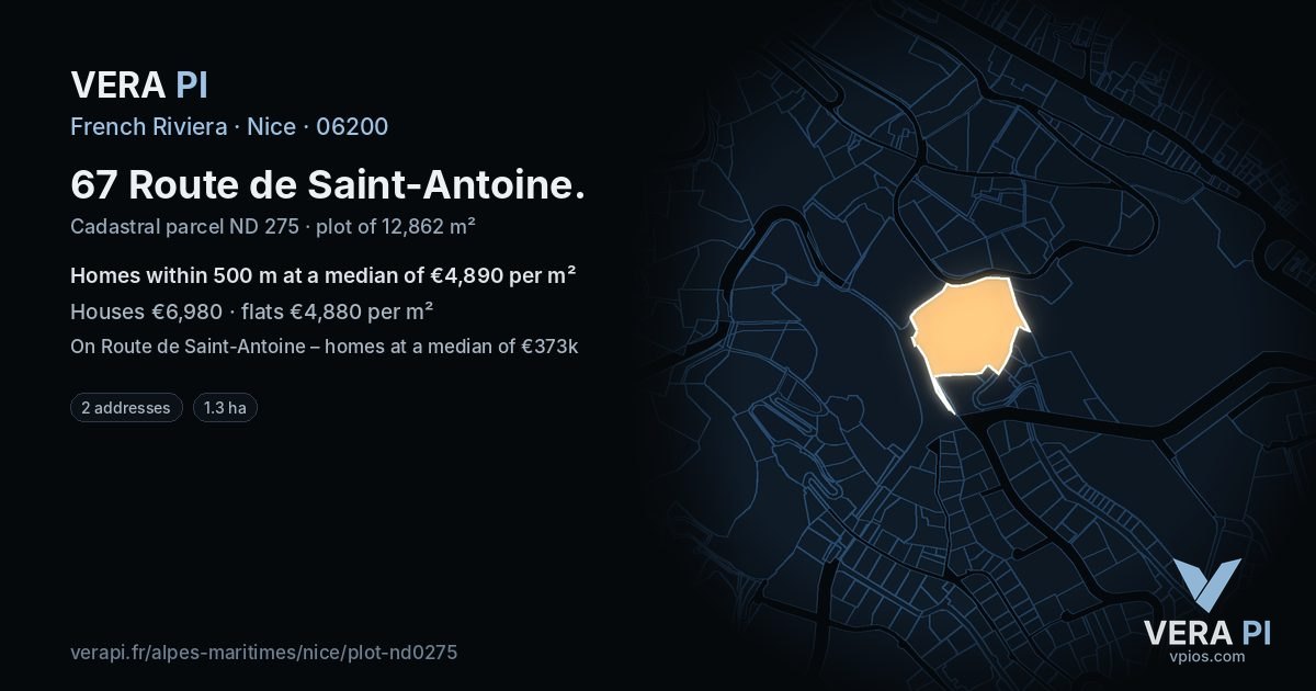 67 Route de Saint-Antoine, Nice at night – the plot lit, the parcels around coloured by the prices near them