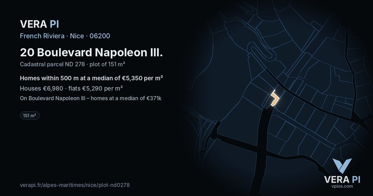 20 Boulevard Napoleon III, Nice at night – the plot lit, the parcels around coloured by the prices near them