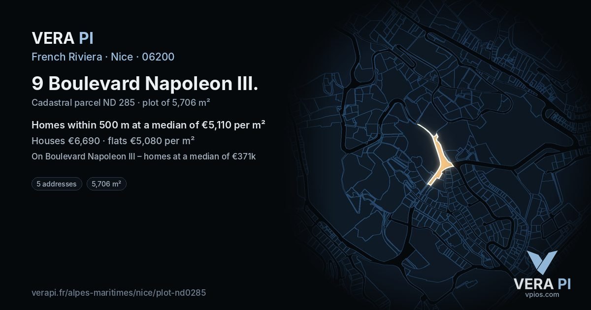 9 Boulevard Napoleon III, Nice at night – the plot lit, the parcels around coloured by the prices near them