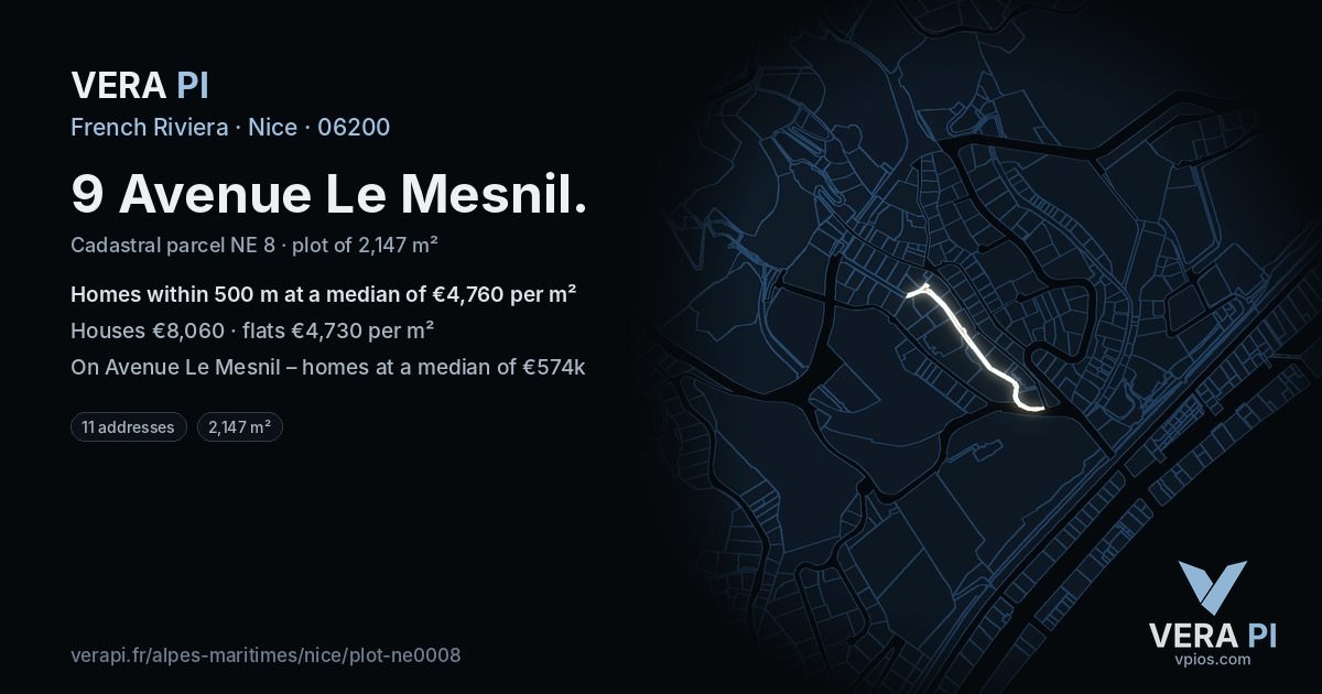 9 Avenue Le Mesnil, Nice at night – the plot lit, the parcels around coloured by the prices near them