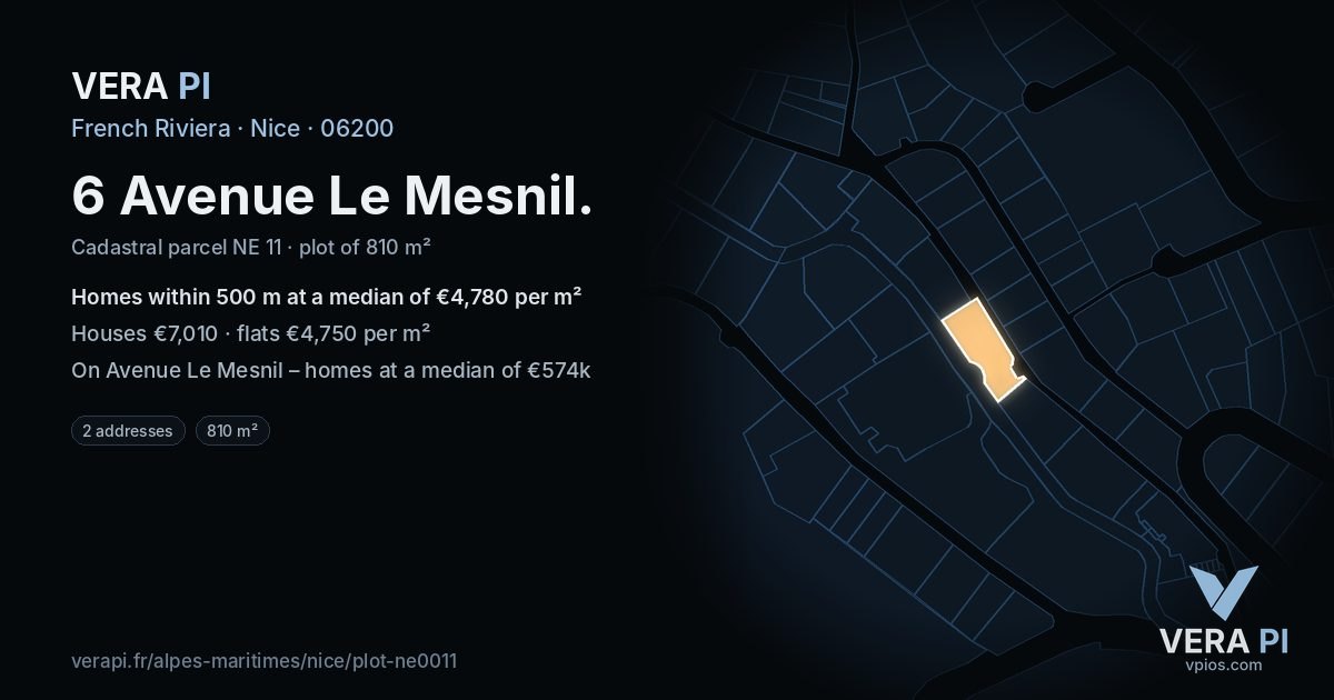 6 Avenue Le Mesnil, Nice at night – the plot lit, the parcels around coloured by the prices near them