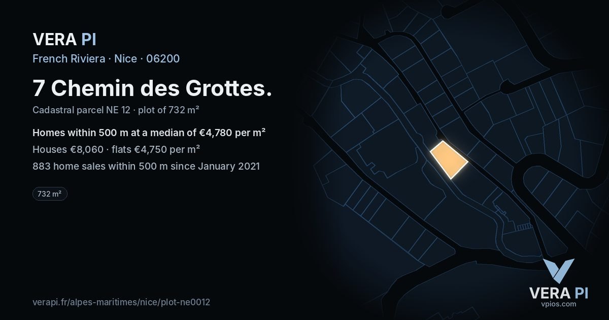 7 Chemin des Grottes, Nice at night – the plot lit, the parcels around coloured by the prices near them