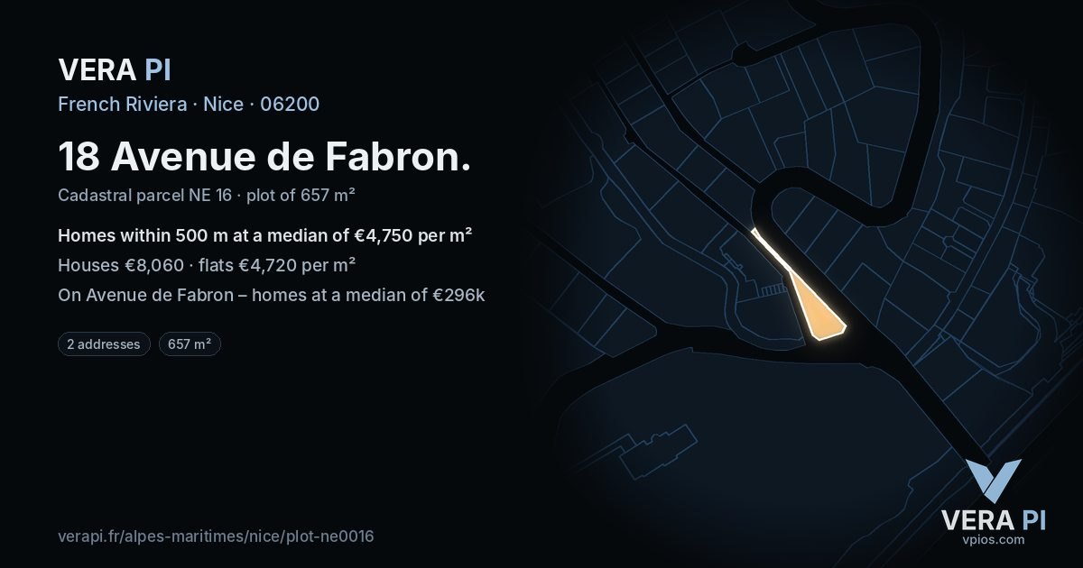 18 Avenue de Fabron, Nice at night – the plot lit, the parcels around coloured by the prices near them