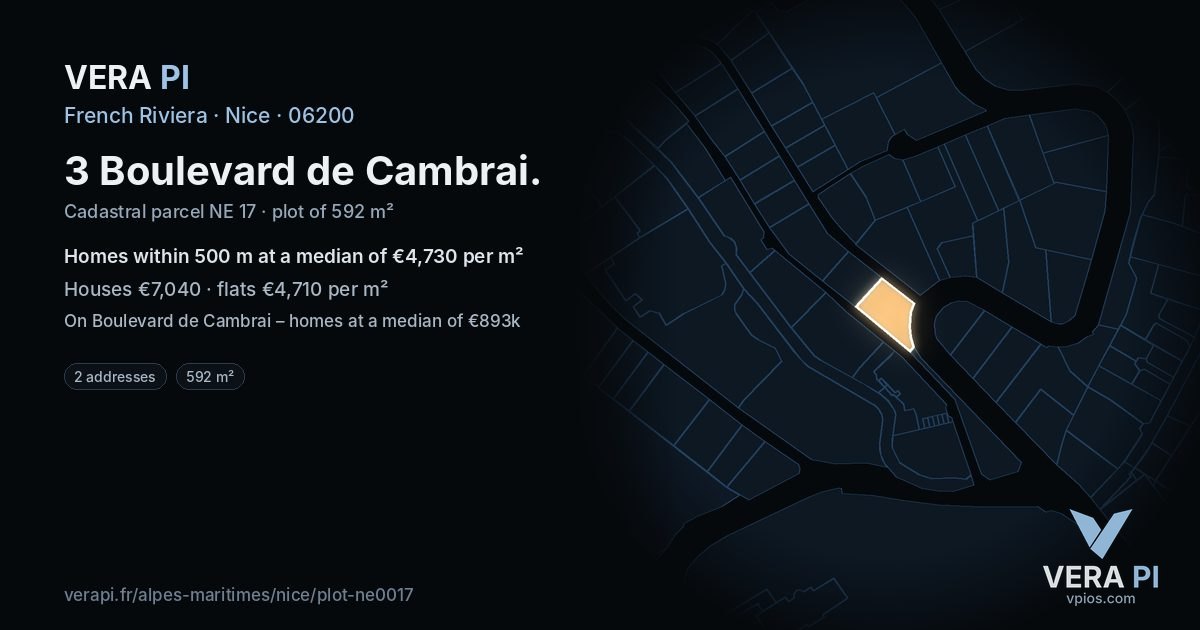 3 Boulevard de Cambrai, Nice at night – the plot lit, the parcels around coloured by the prices near them