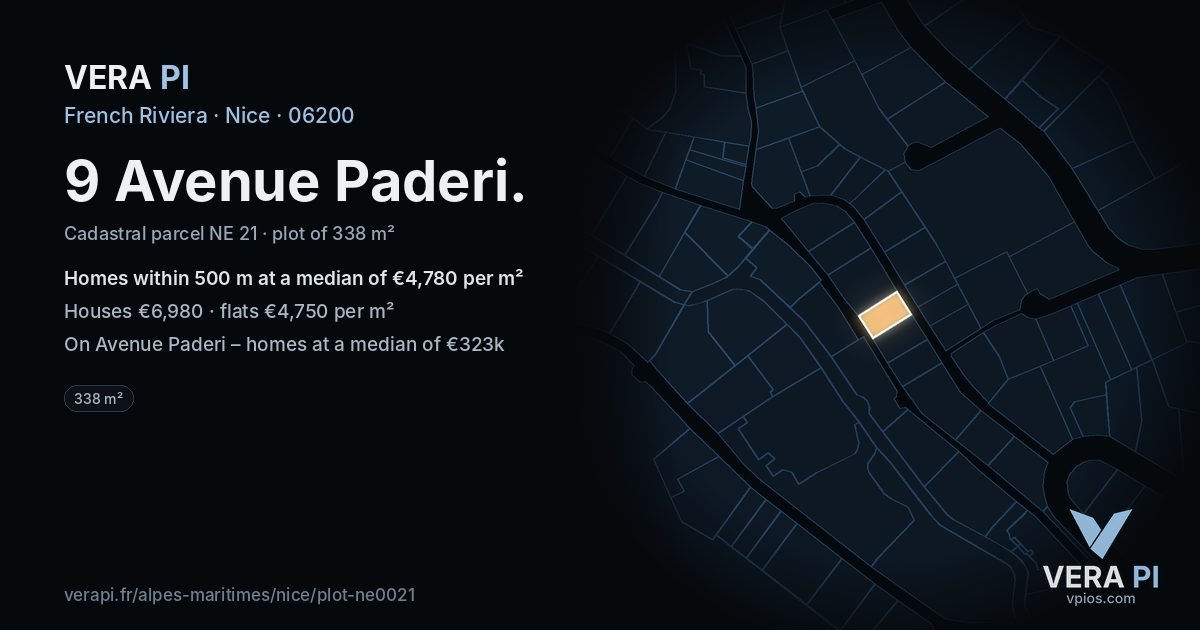 9 Avenue Paderi, Nice at night – the plot lit, the parcels around coloured by the prices near them