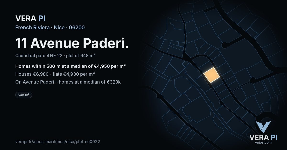 11 Avenue Paderi, Nice at night – the plot lit, the parcels around coloured by the prices near them
