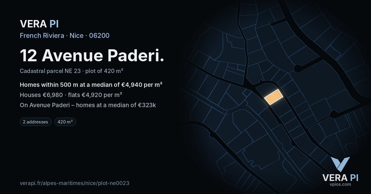 12 Avenue Paderi, Nice at night – the plot lit, the parcels around coloured by the prices near them