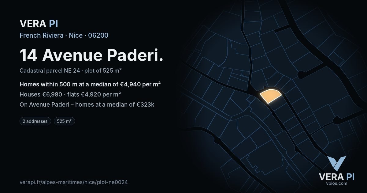 14 Avenue Paderi, Nice at night – the plot lit, the parcels around coloured by the prices near them
