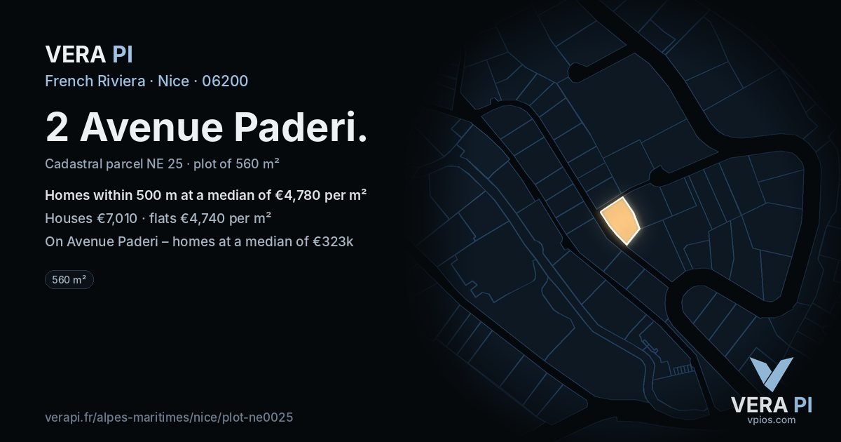 2 Avenue Paderi, Nice at night – the plot lit, the parcels around coloured by the prices near them