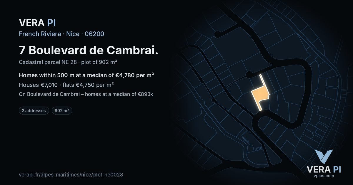 7 Boulevard de Cambrai, Nice at night – the plot lit, the parcels around coloured by the prices near them
