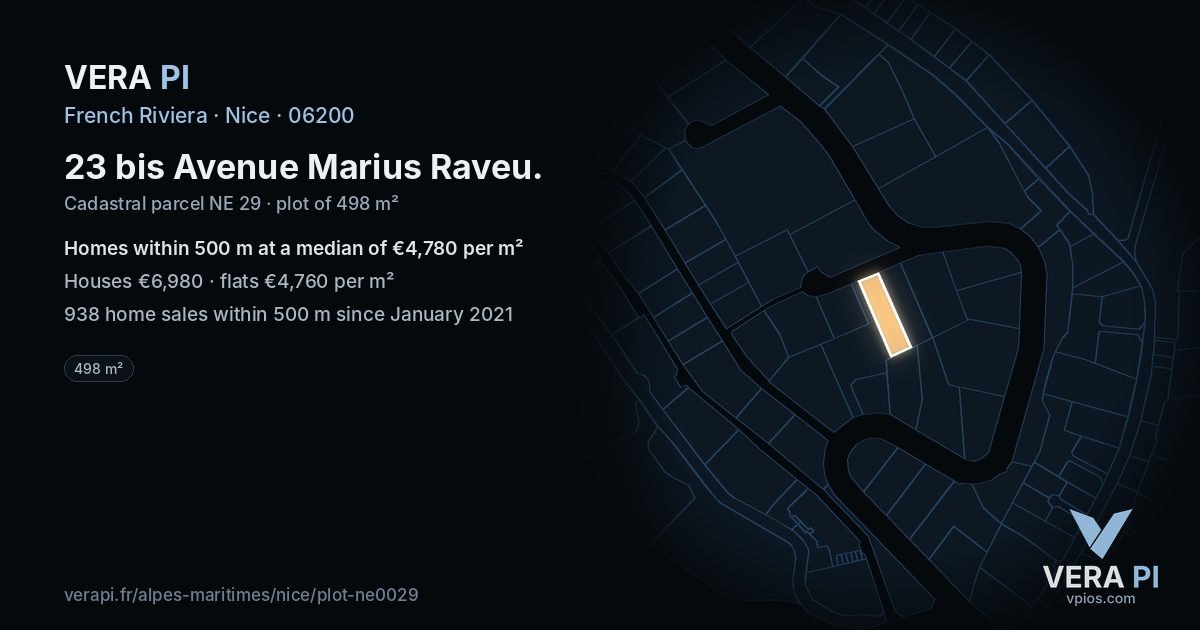 23 bis Avenue Marius Raveu, Nice at night – the plot lit, the parcels around coloured by the prices near them