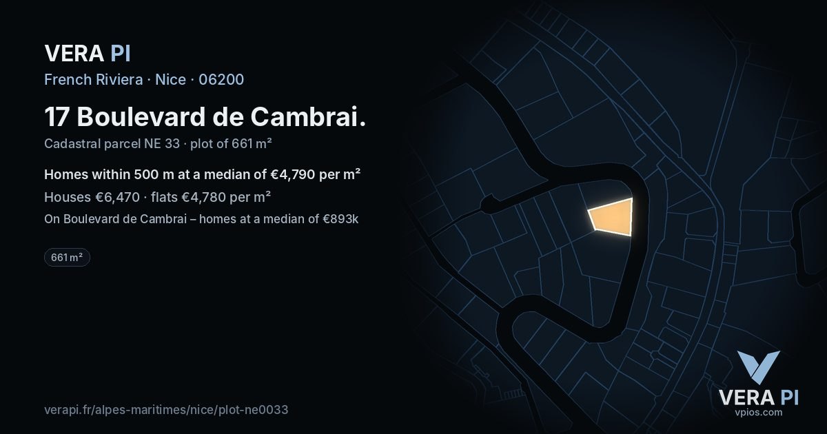 17 Boulevard de Cambrai, Nice at night – the plot lit, the parcels around coloured by the prices near them