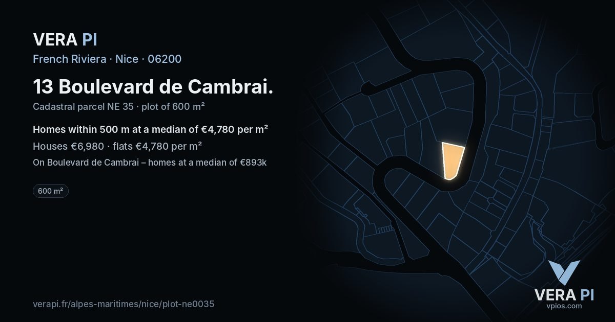 13 Boulevard de Cambrai, Nice at night – the plot lit, the parcels around coloured by the prices near them