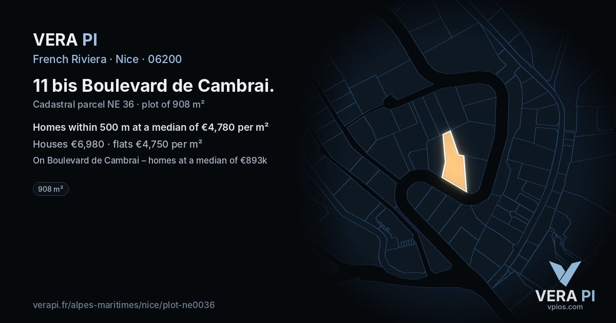 11 bis Boulevard de Cambrai, Nice at night – the plot lit, the parcels around coloured by the prices near them
