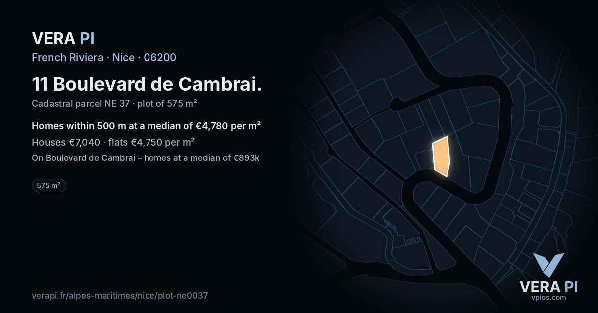 11 Boulevard de Cambrai, Nice at night – the plot lit, the parcels around coloured by the prices near them