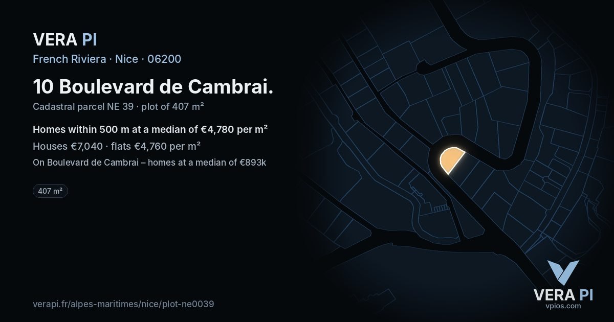 10 Boulevard de Cambrai, Nice at night – the plot lit, the parcels around coloured by the prices near them